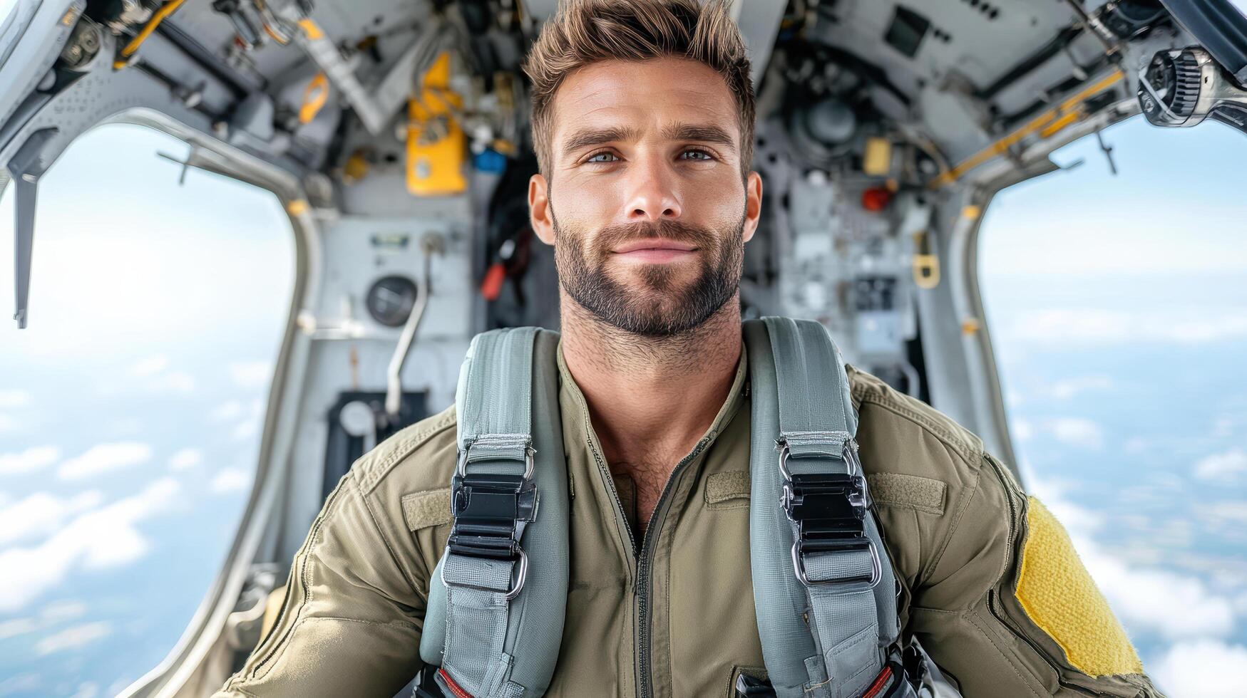 A man in a military plane looking at the camera photo