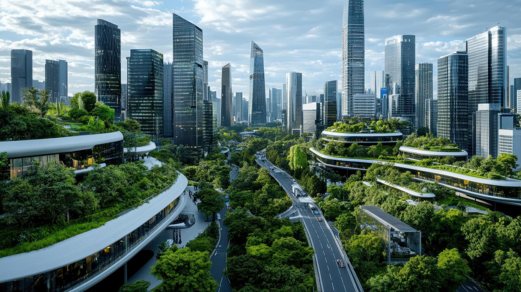 A city with green trees and buildings on top photo