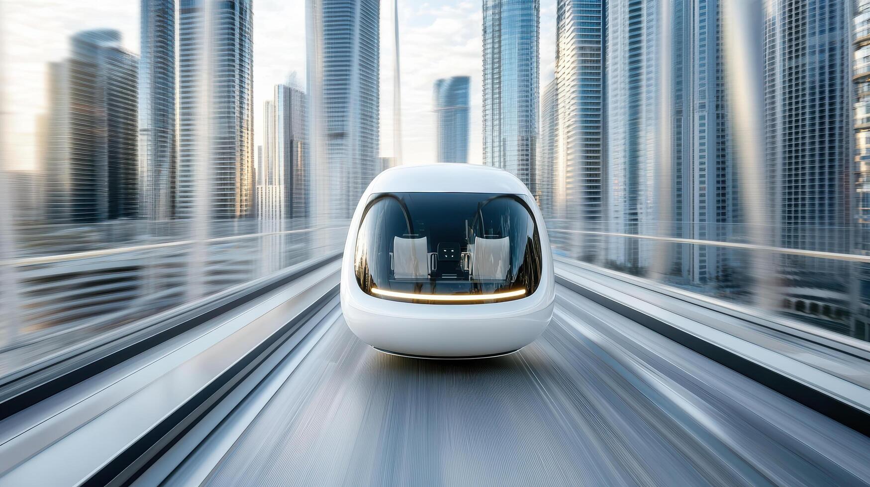 A futuristic electric car is driving down a city street photo