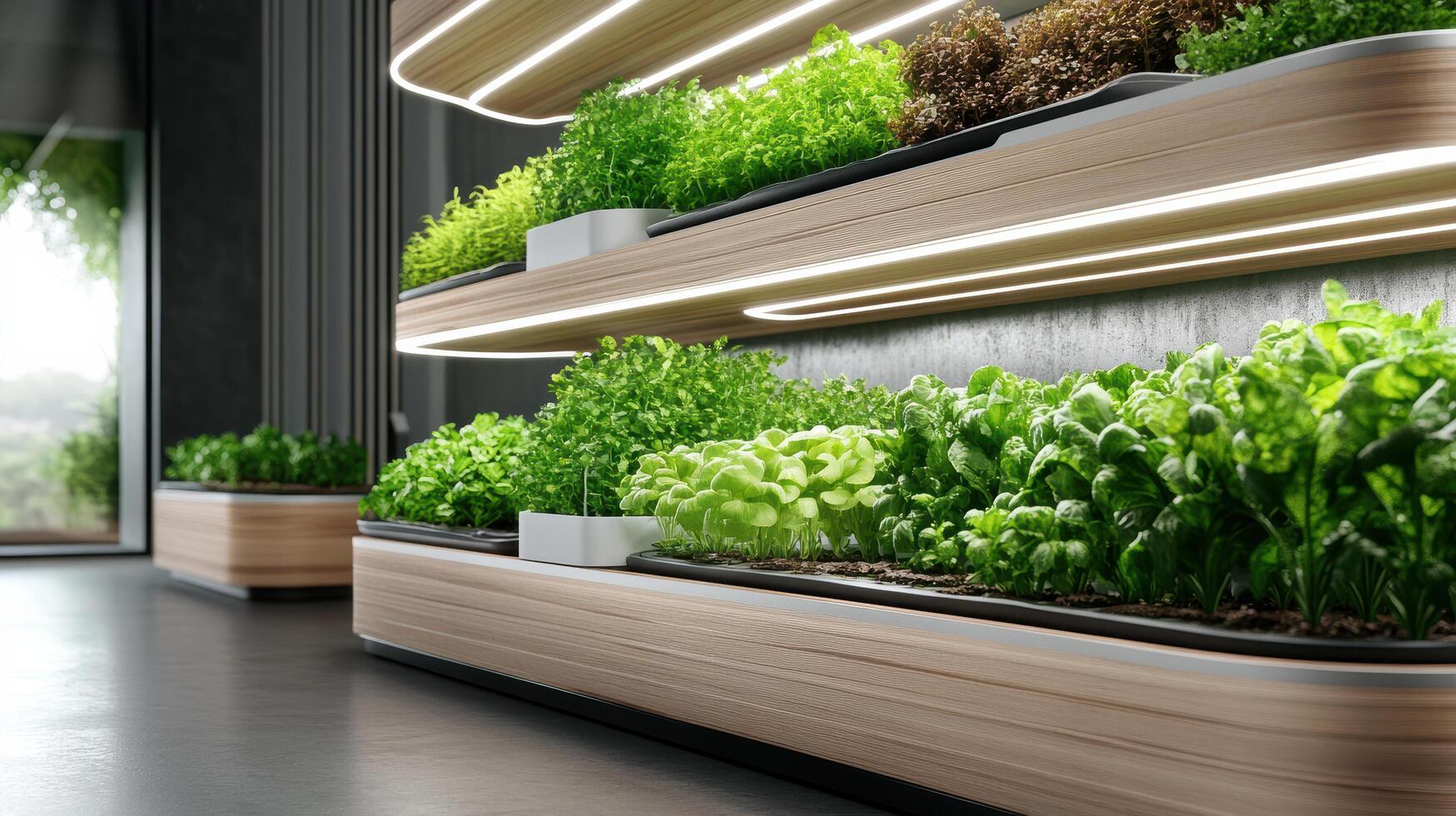 A room with plants on shelves photo