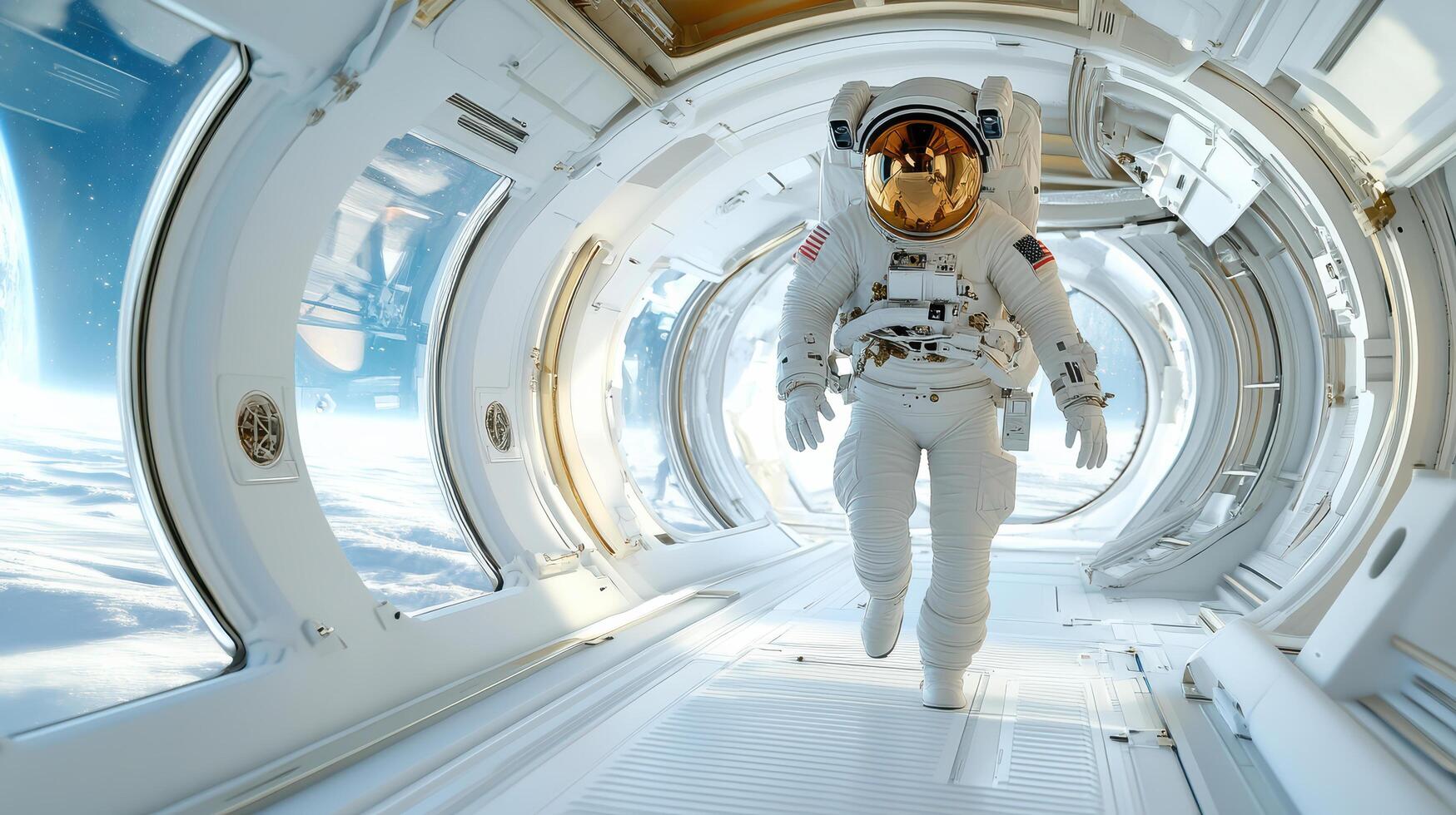An astronaut walking through a space station photo