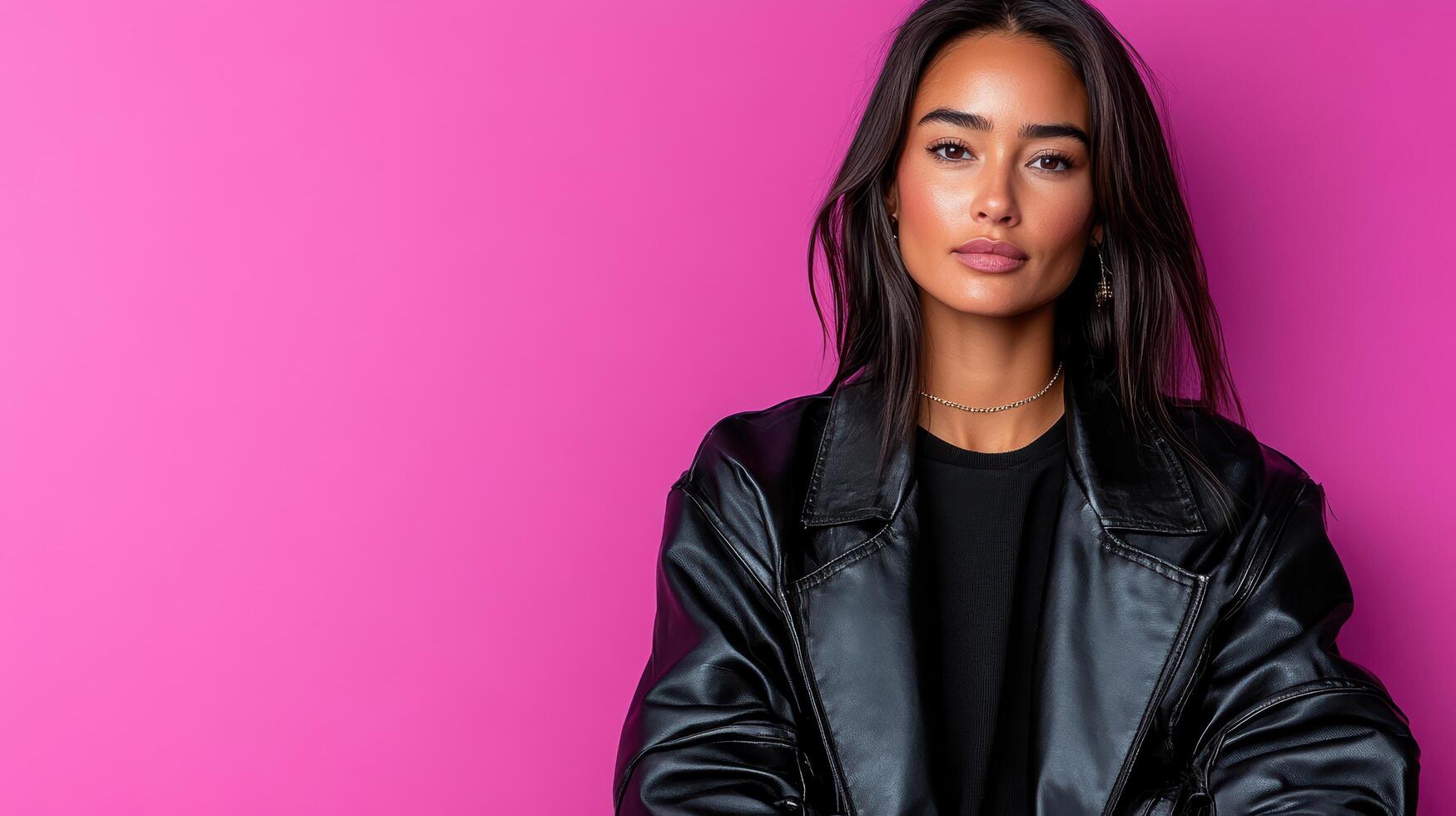 A woman in a black leather jacket and black shirt photo