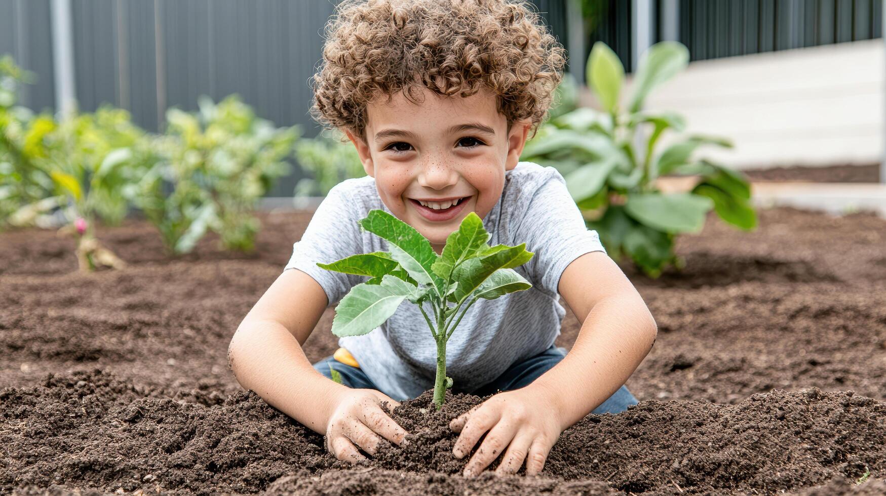 A young boy is smiling while holding a plant photo