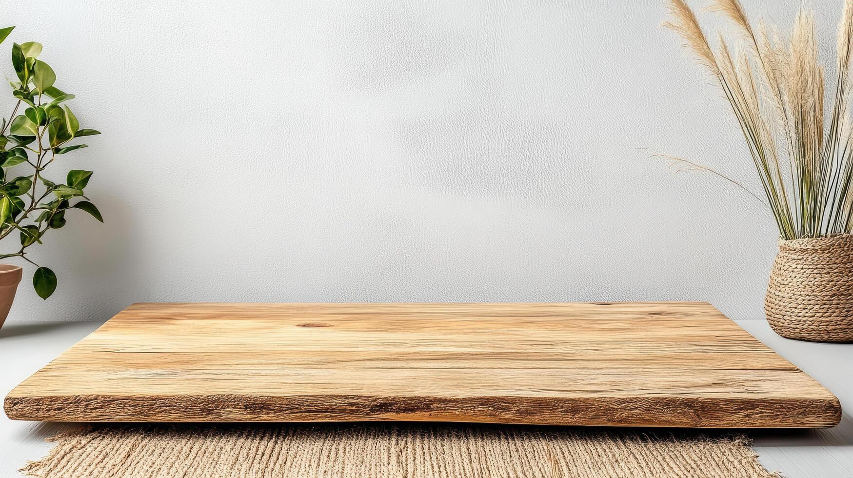 A wooden cutting board on a table next to a plant photo