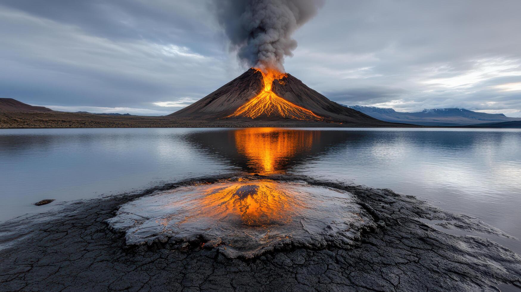 A volcano erupts into the water with orange flames photo