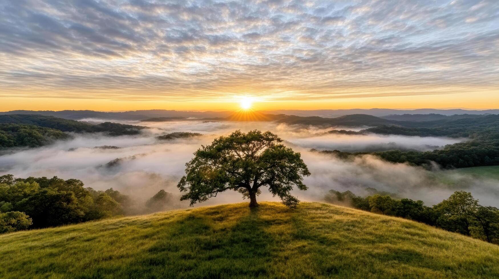 A lone tree on a hill overlooking a valley with fog photo