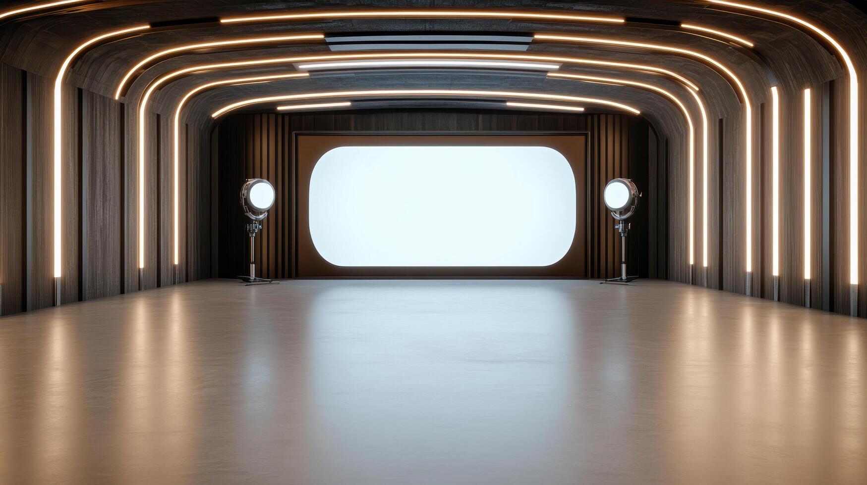 An empty room with a large screen and a light photo