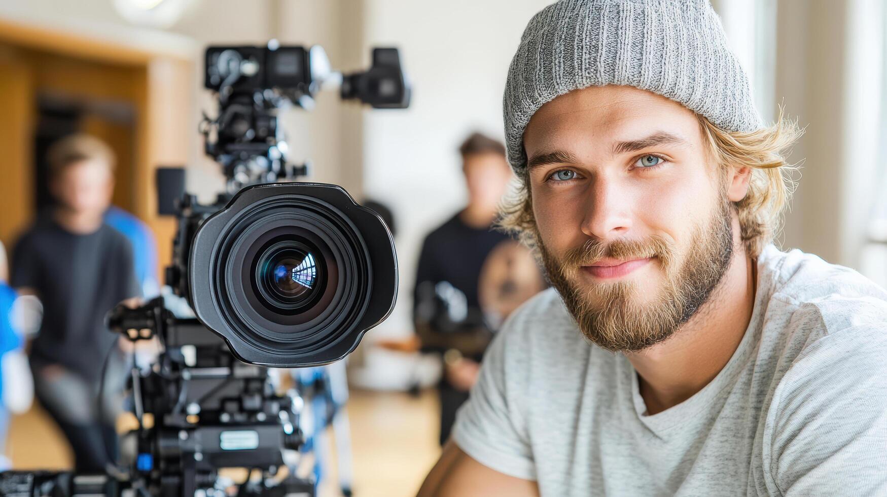 A man with a beard and hat is holding a camera photo