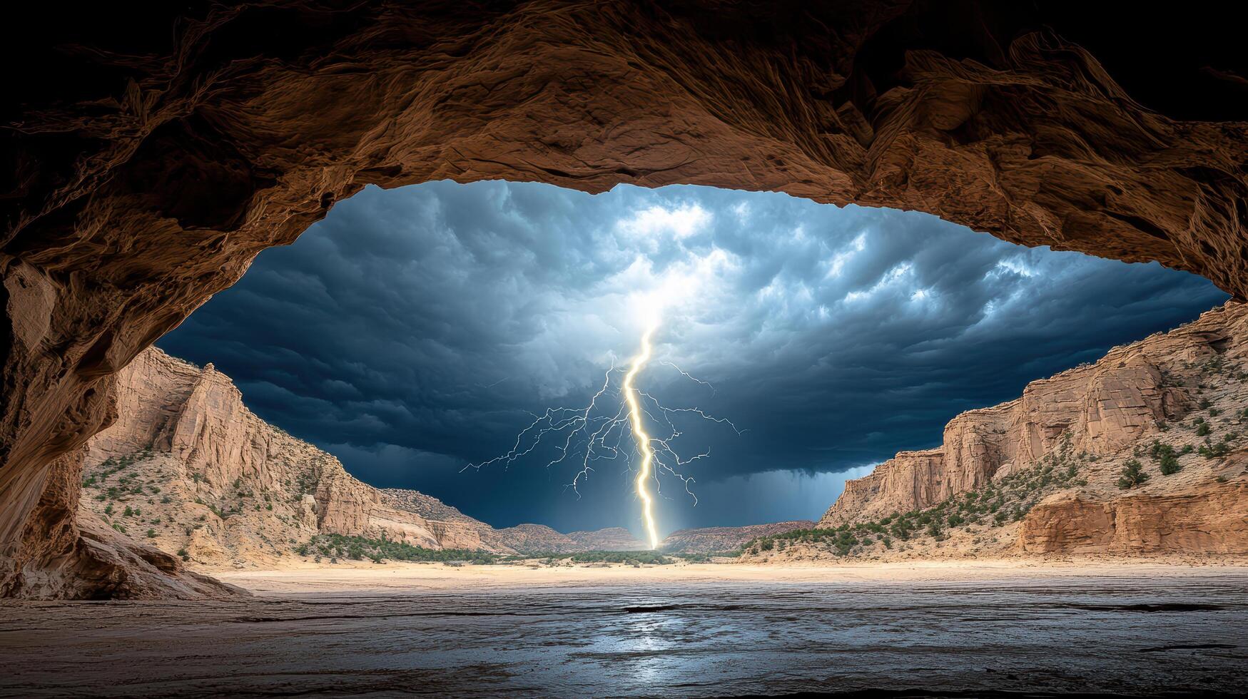 Lightning strikes through a cave in the desert photo