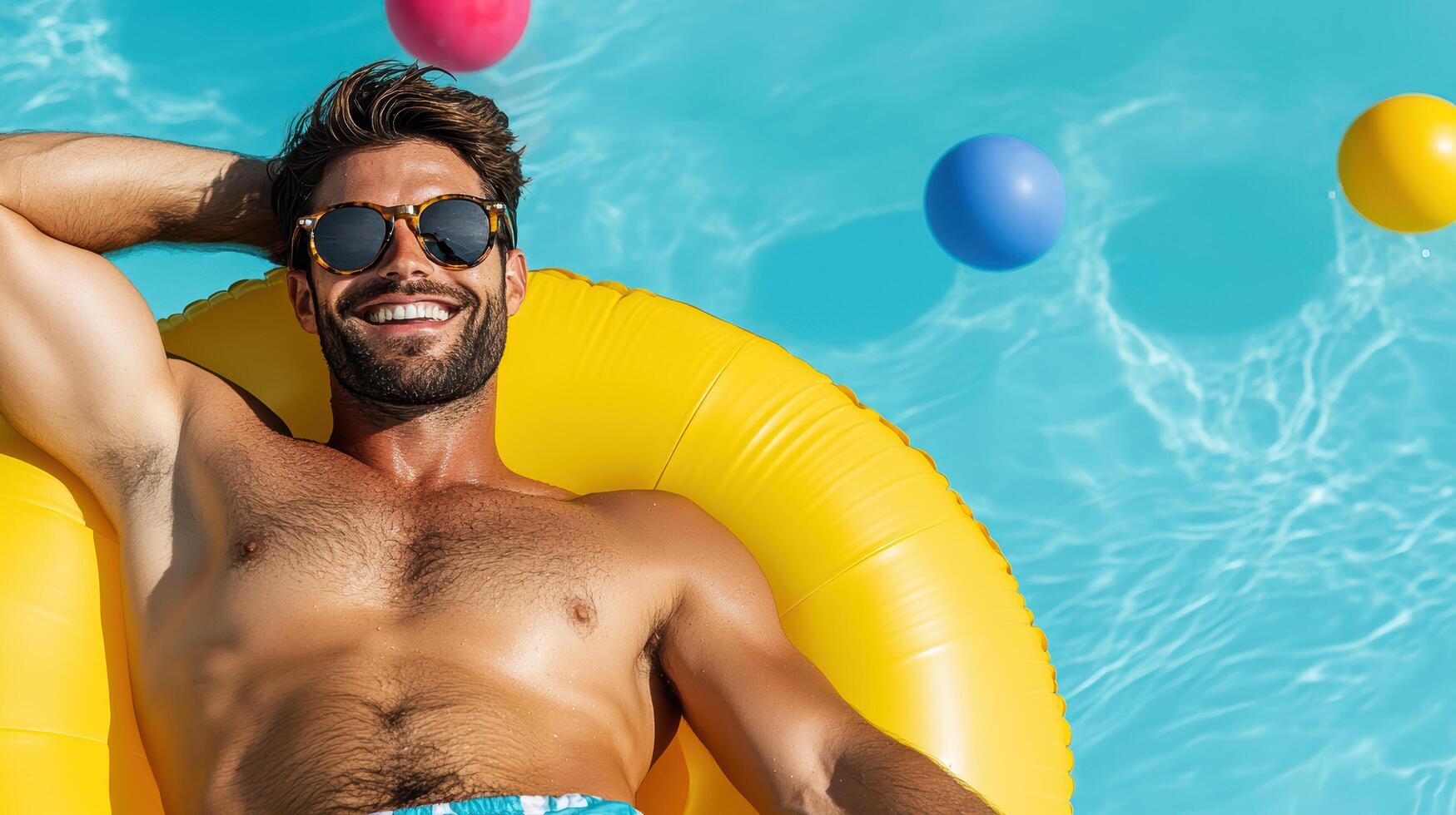 A man in sunglasses and a swimsuit laying on an inflatable ring photo