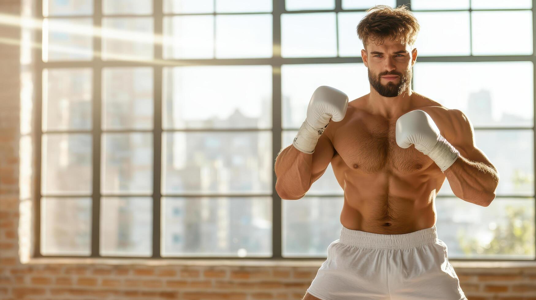 Muscular man in boxing gloves standing in front of window photo