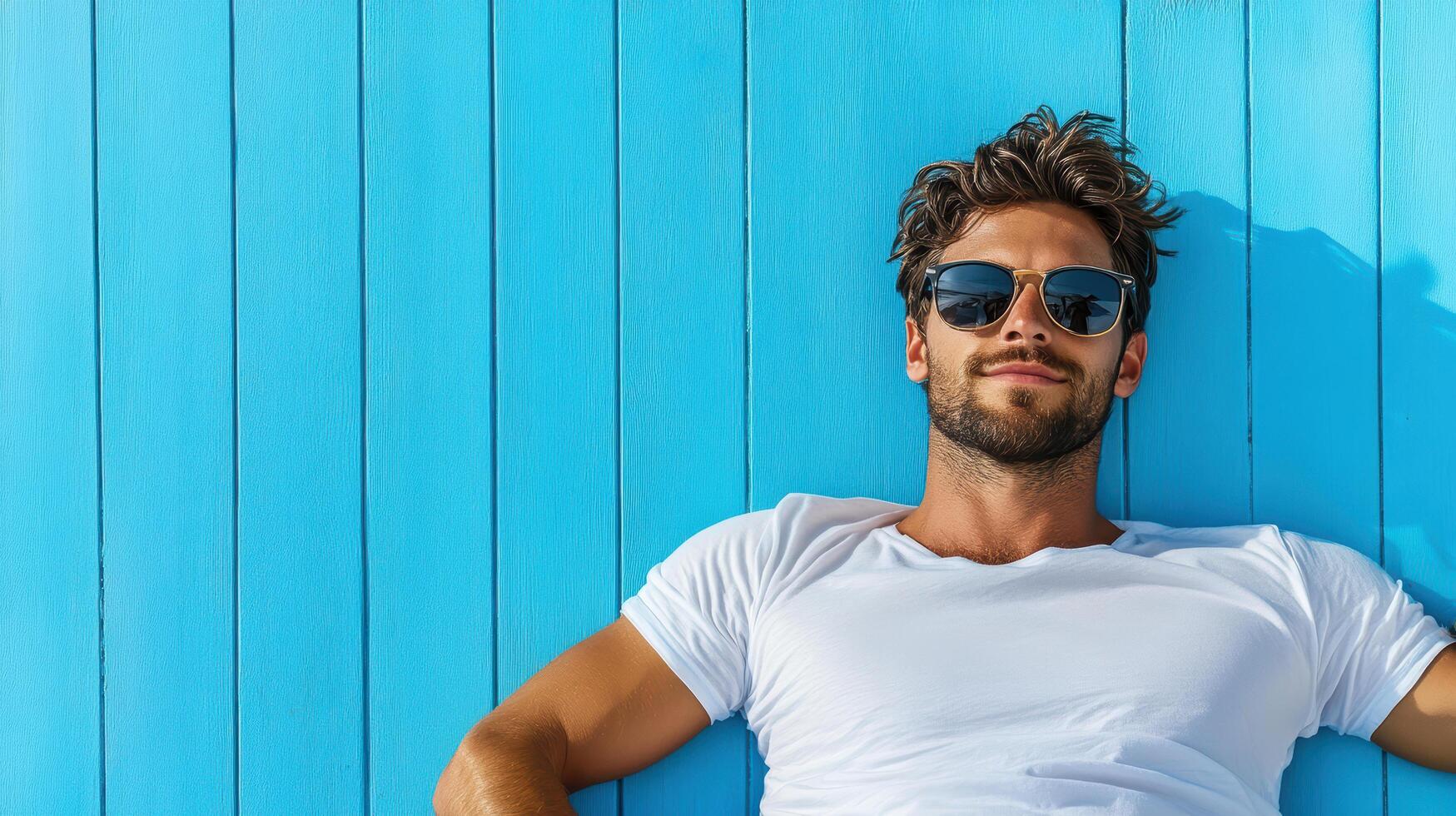 A man in sunglasses and a white shirt laying on a blue wall photo