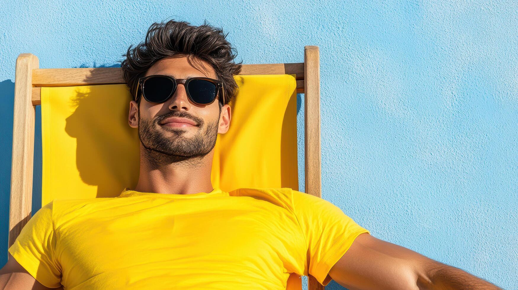 A man in sunglasses and a yellow shirt is laying in a chair photo