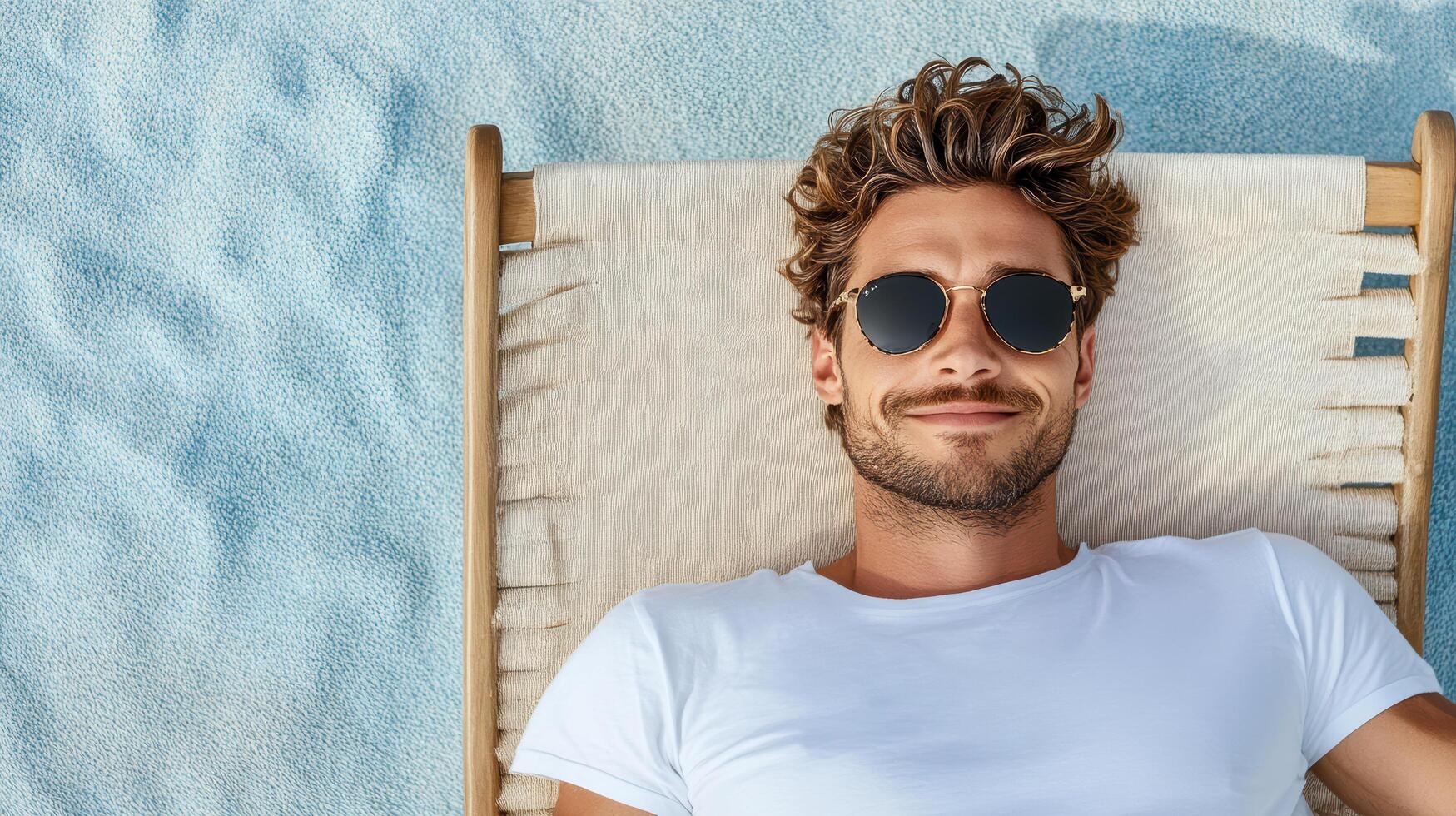 A man in sunglasses laying on a beach chair photo