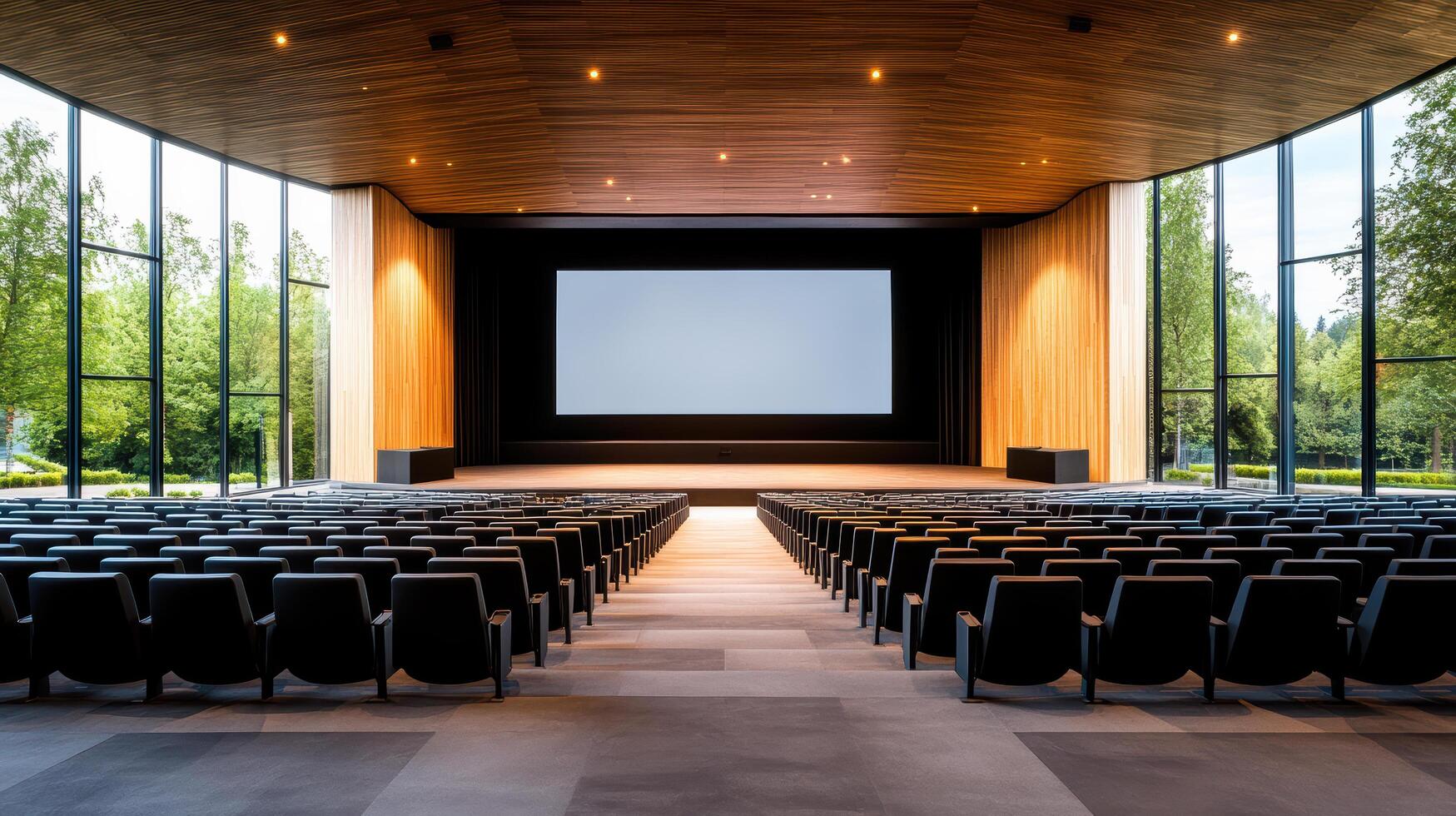 An empty auditorium with a screen in front of it photo