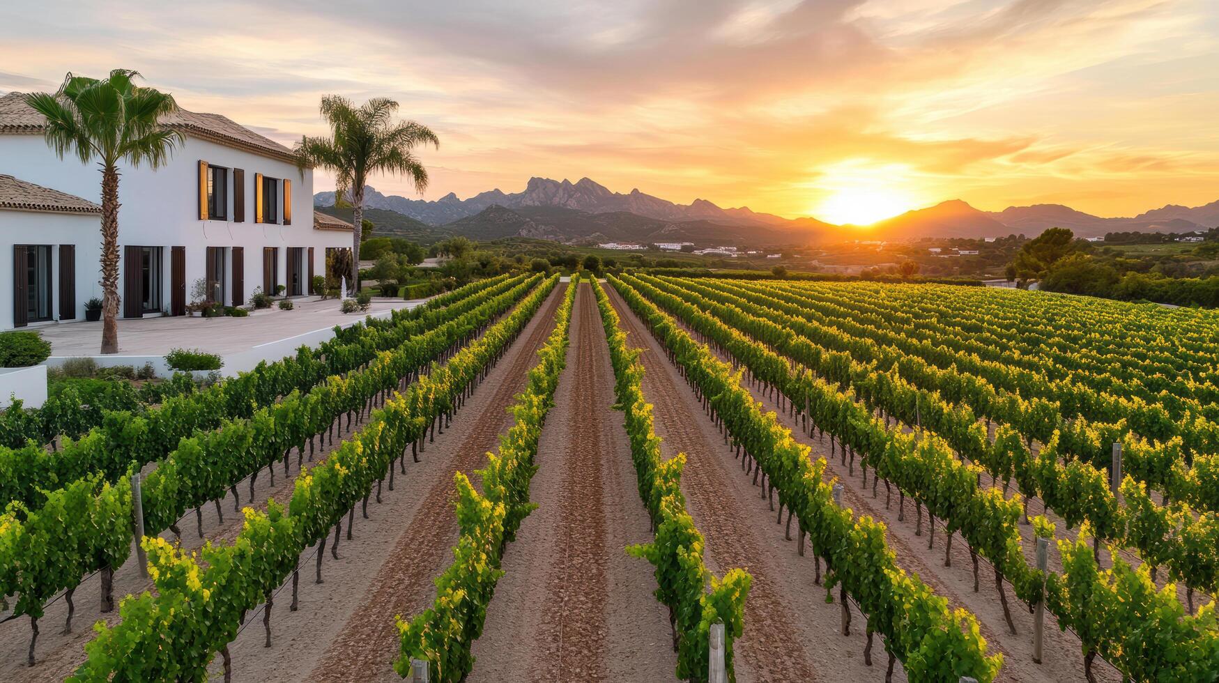 A vineyard field with a house and mountains in the background photo