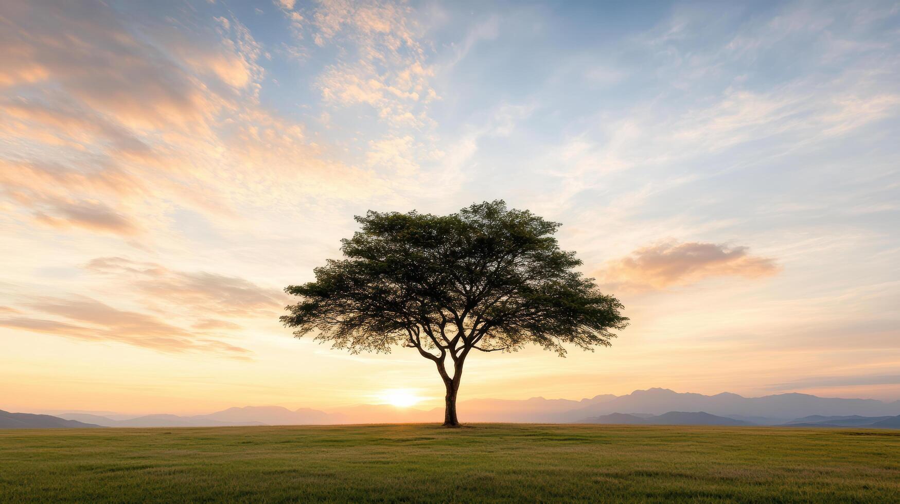A lone tree stands on a grassy hill at sunset photo