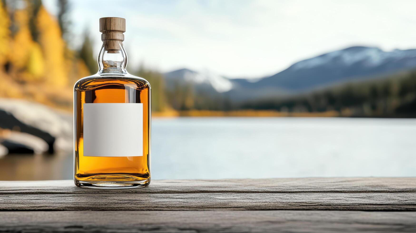 A bottle of whiskey on a wooden table in front of a lake photo
