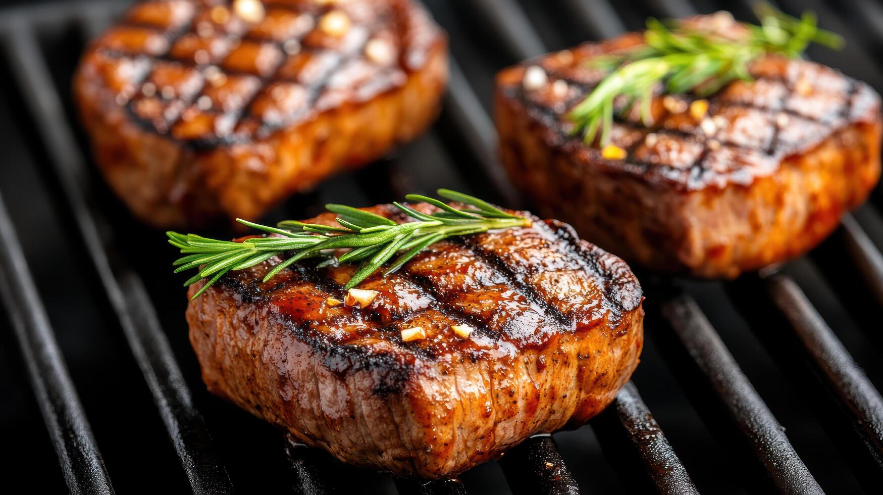 Grilled beef steaks on a grill photo
