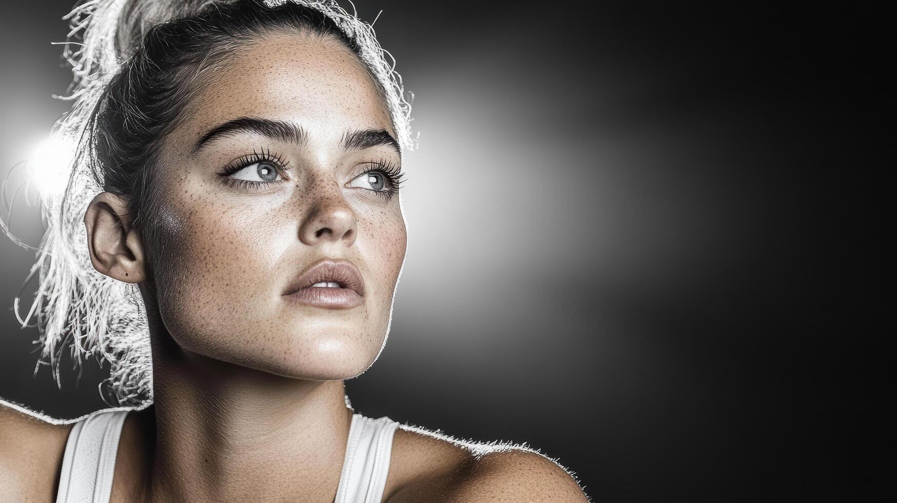 A woman with a white tank top and a bright light photo