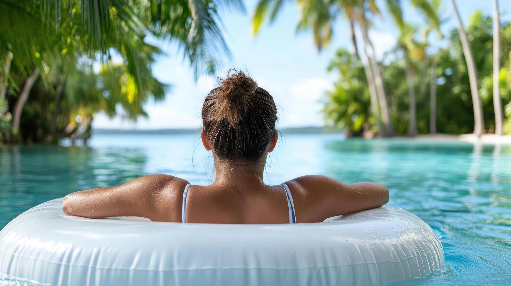 A woman is floating in the water on an inflatable tube photo