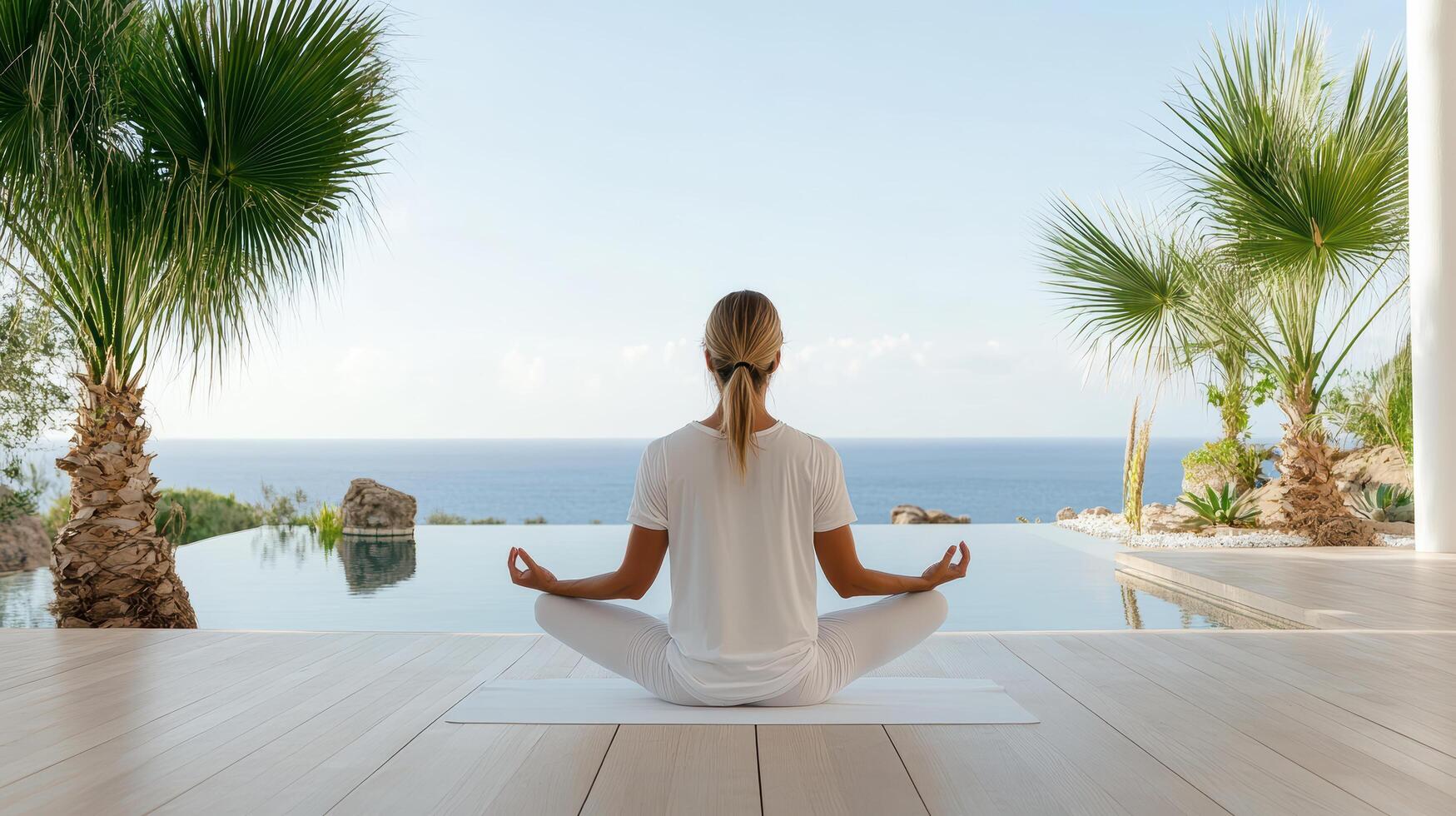 A woman meditating in front of a pool and ocean photo