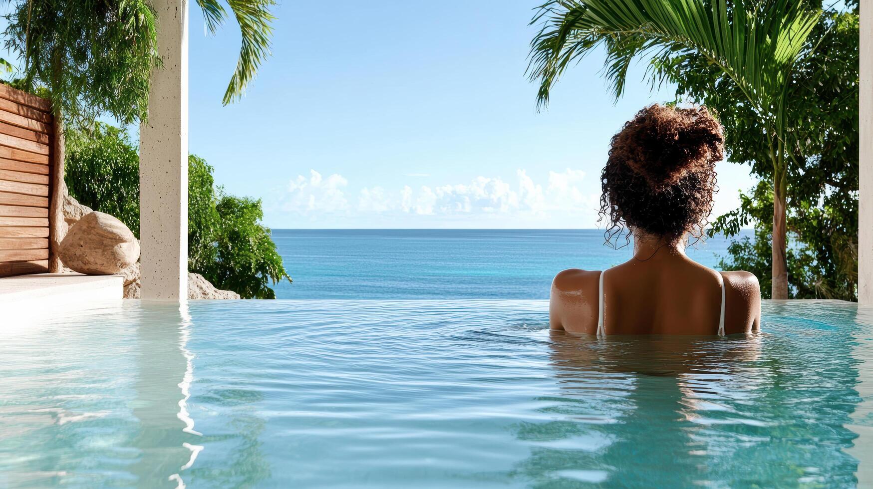 A woman sitting in the water at the edge of a pool photo