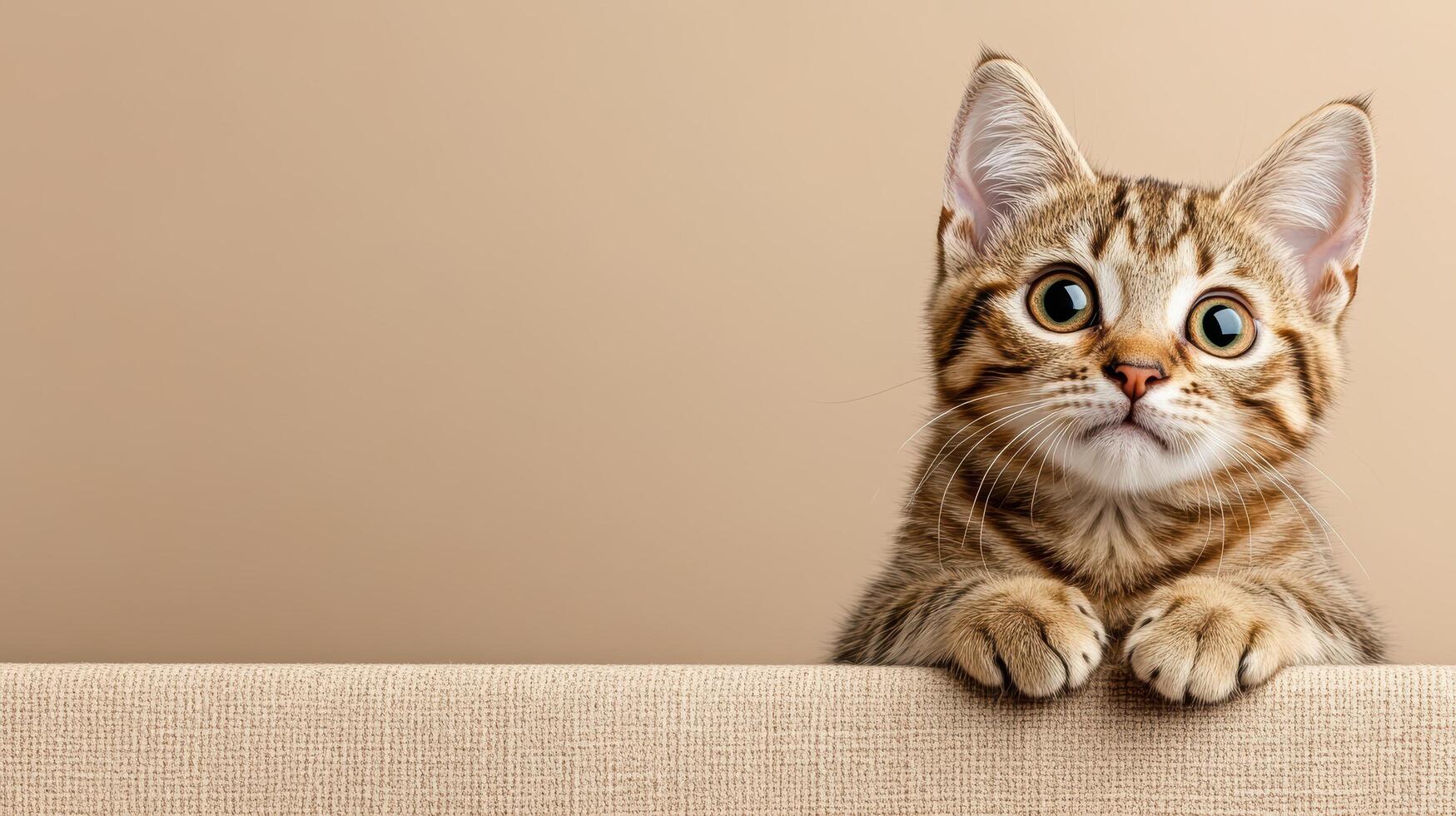 A cat looking up at the camera with its eyes wide open photo