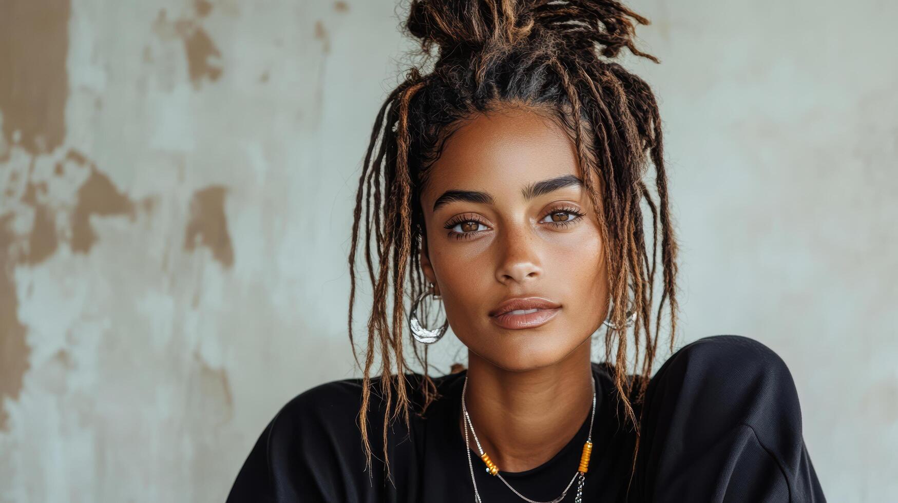 A woman with dreadlocks sitting in front of a wall photo