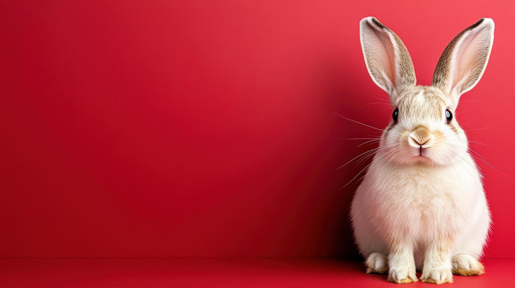 A white rabbit sitting on a red background photo