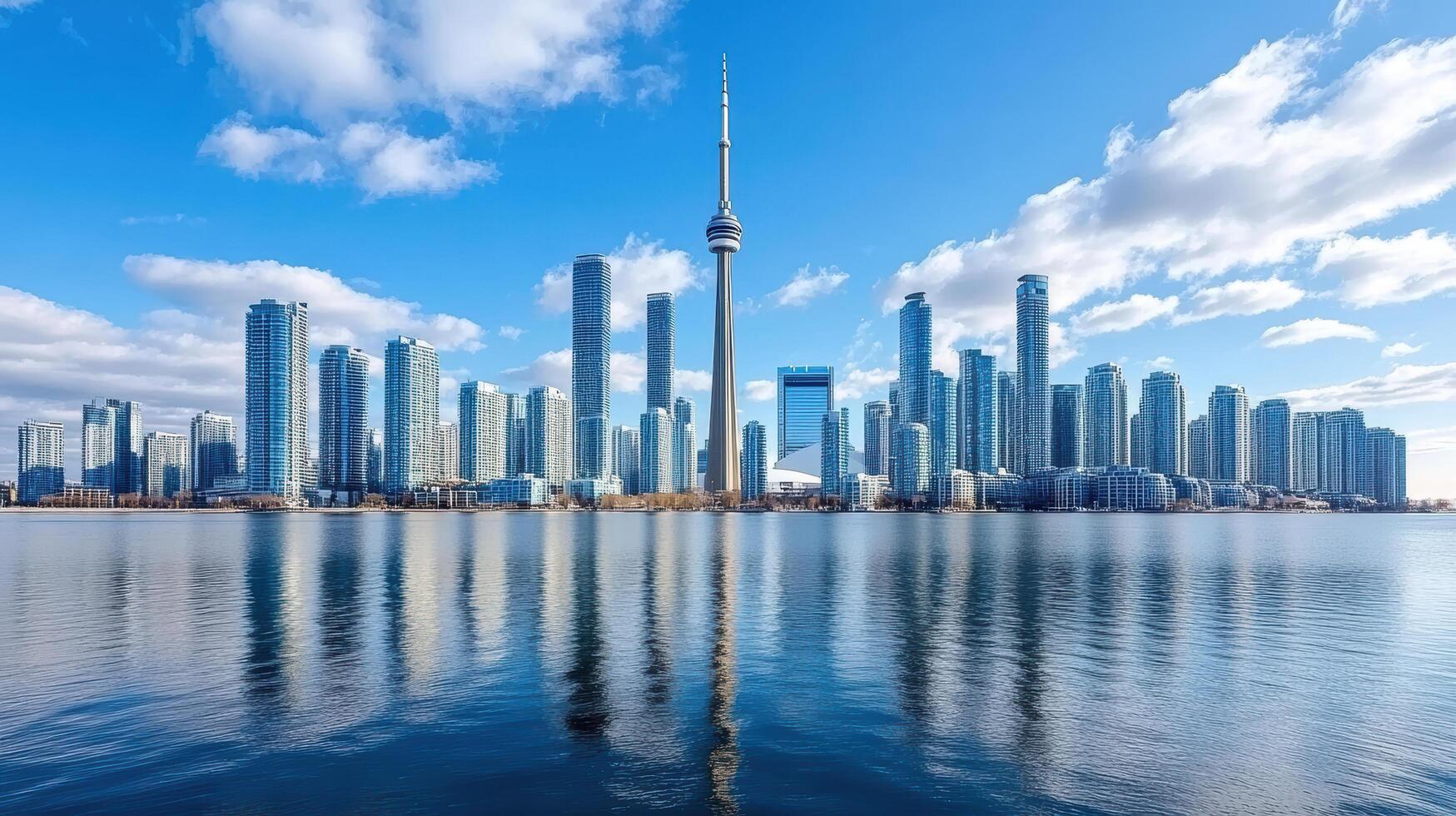 The toronto skyline is reflected in the water photo