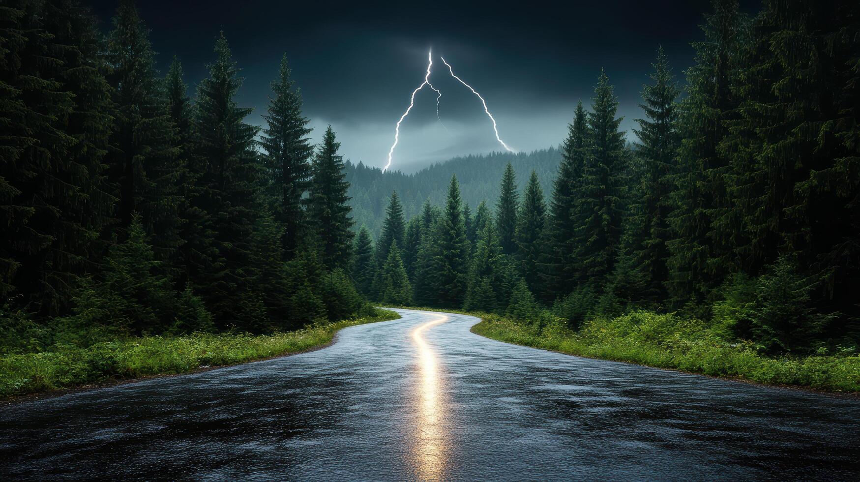 A road with a lightning bolt coming out of the sky photo
