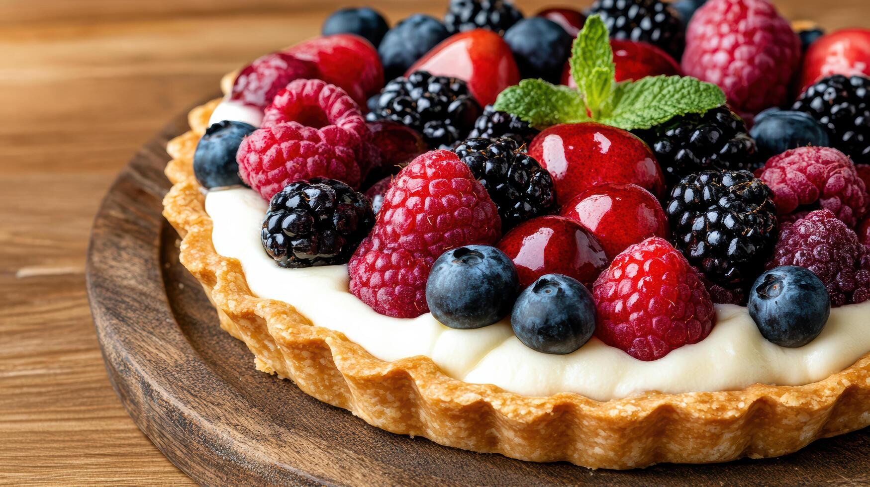 A tart with berries and cream on a wooden table photo