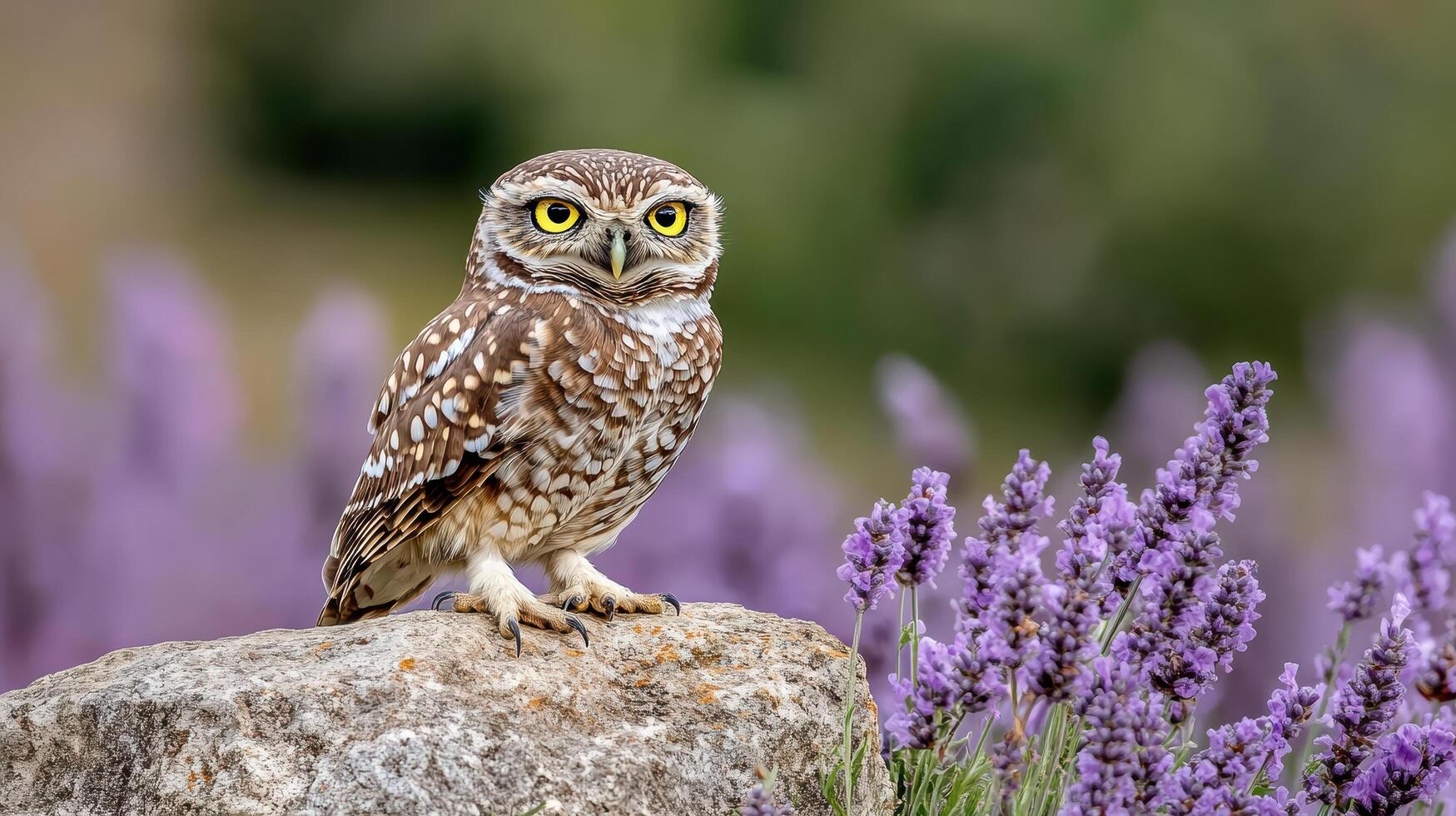 An owl sitting on a rock in front of lavender flowers photo