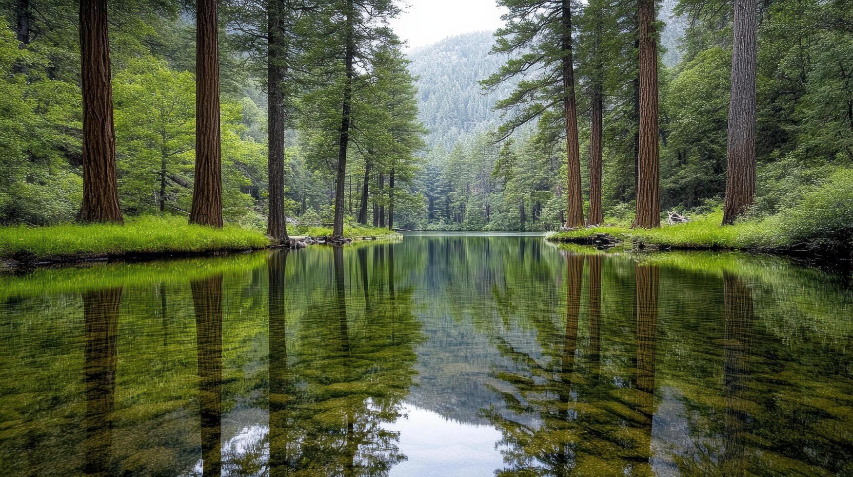 Tranquil lake reflecting tall sequoia trees in serene forest setting photo