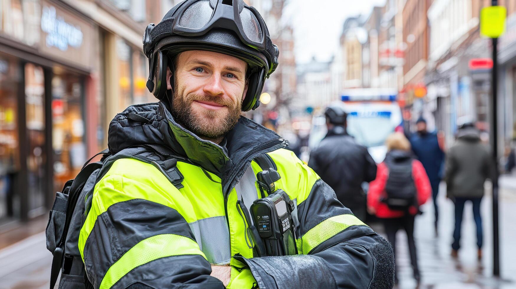 smiling police officer in reflective uniform stands confidently on busy street photo