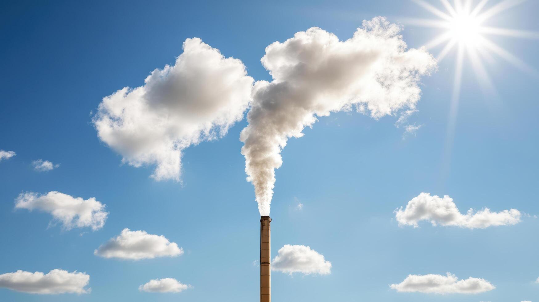 Pollution from industrial chimney against bright blue sky and clouds photo