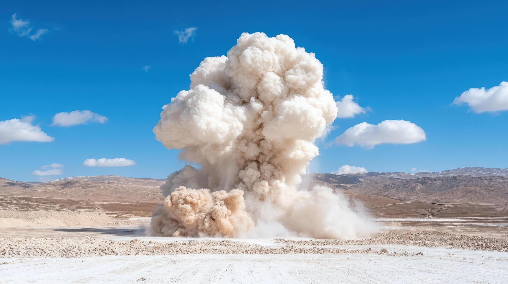 A large white cloud of dust is blowing in the desert photo