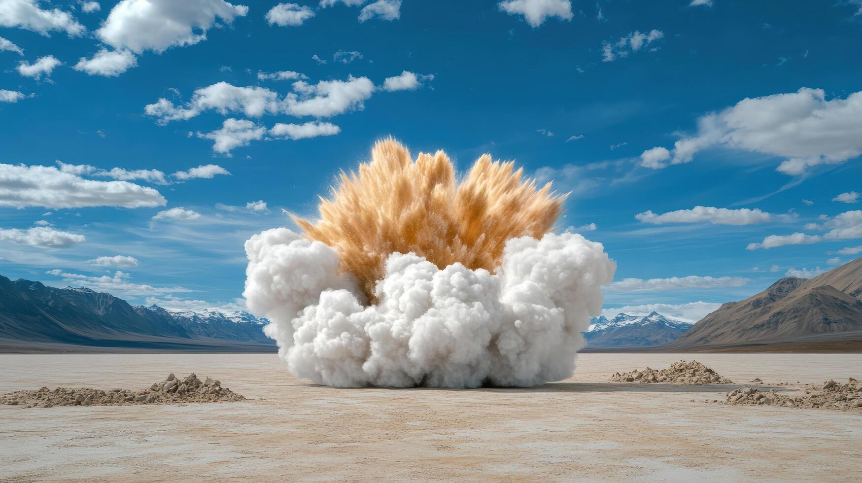 A large explosion in the desert with clouds in the background photo