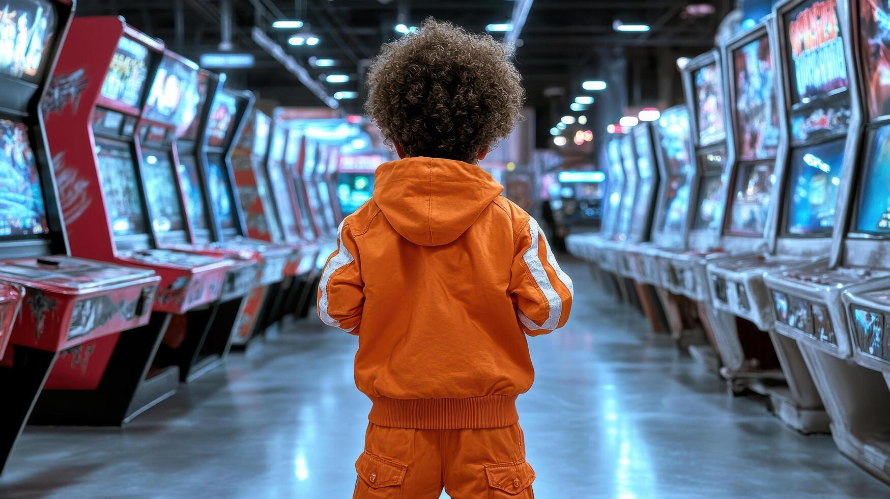 A young boy in an orange jacket standing in front of a row of arcade machines photo