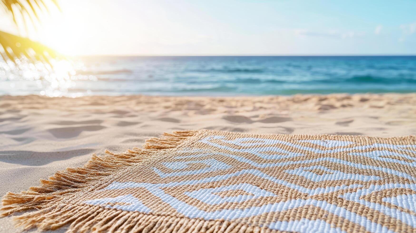 A beach mat with a fringe on it on the sand photo