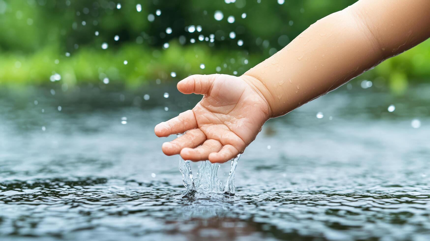 A child's hand reaching out to catch water photo