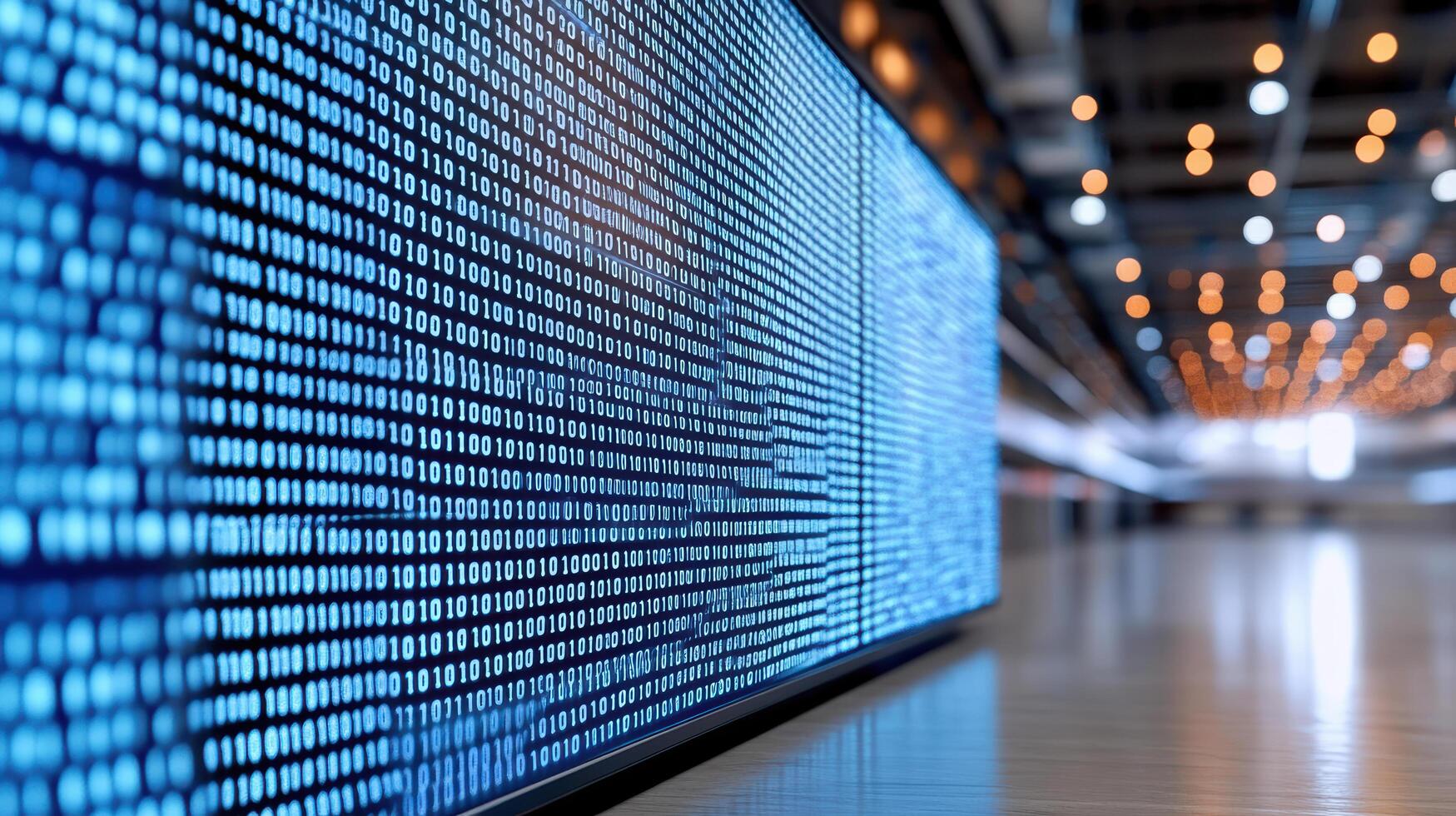 A large screen with binary code on it photo