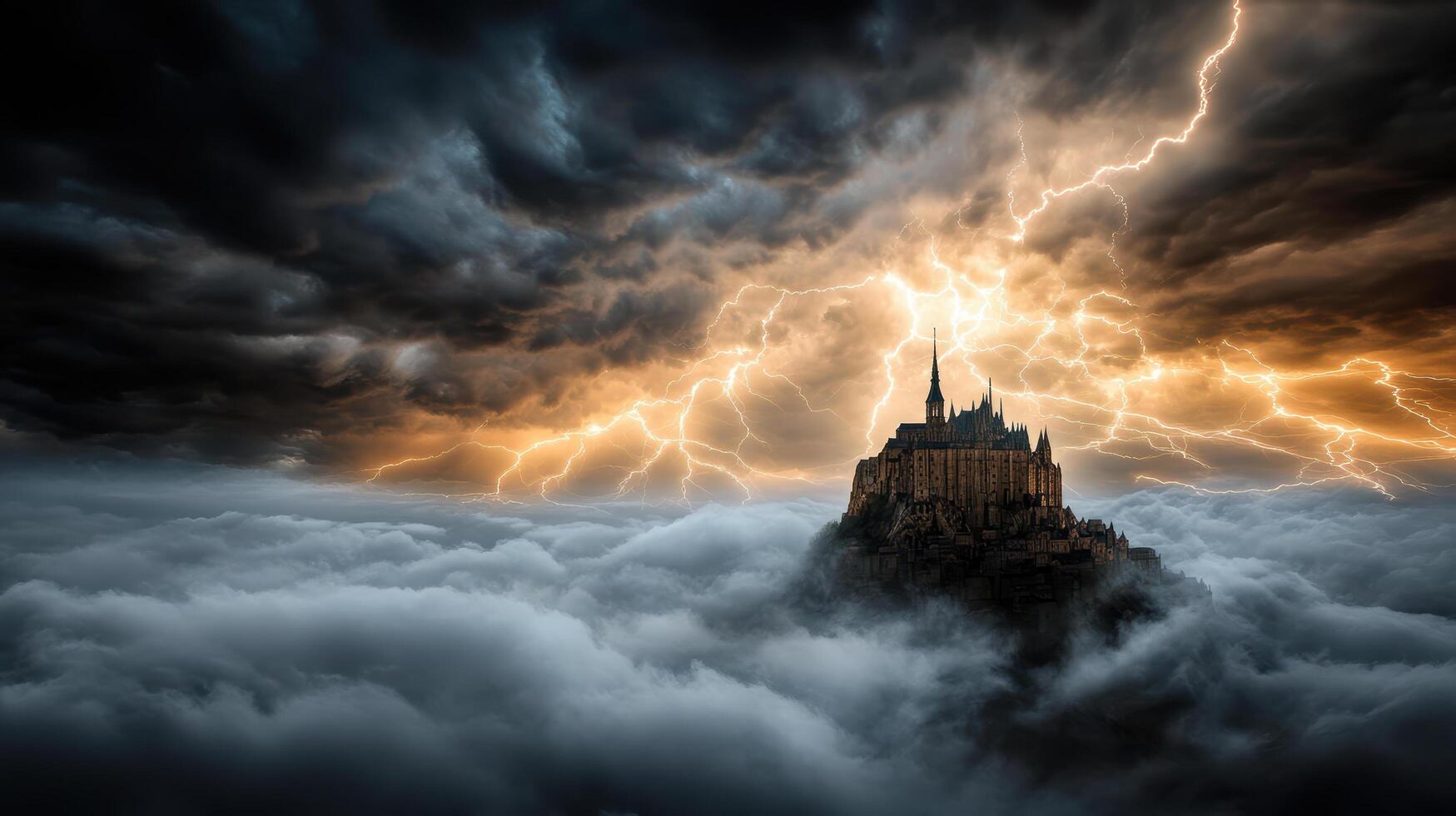 haunted castle perched on hill, illuminated by lightning and surrounded by clouds photo