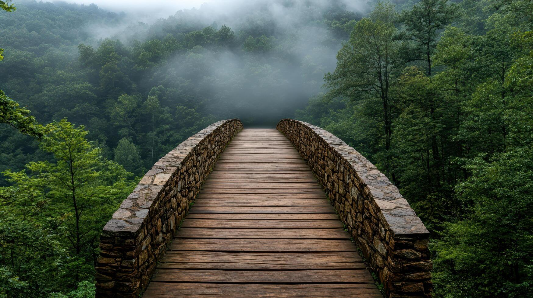 serene stone bridge surrounded by lush greenery and mysterious fog photo