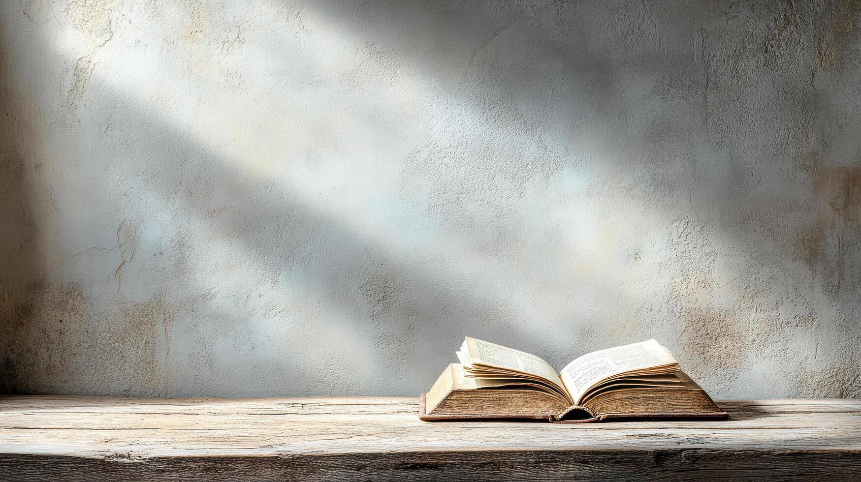 open book resting on dusty table, illuminated by soft light photo