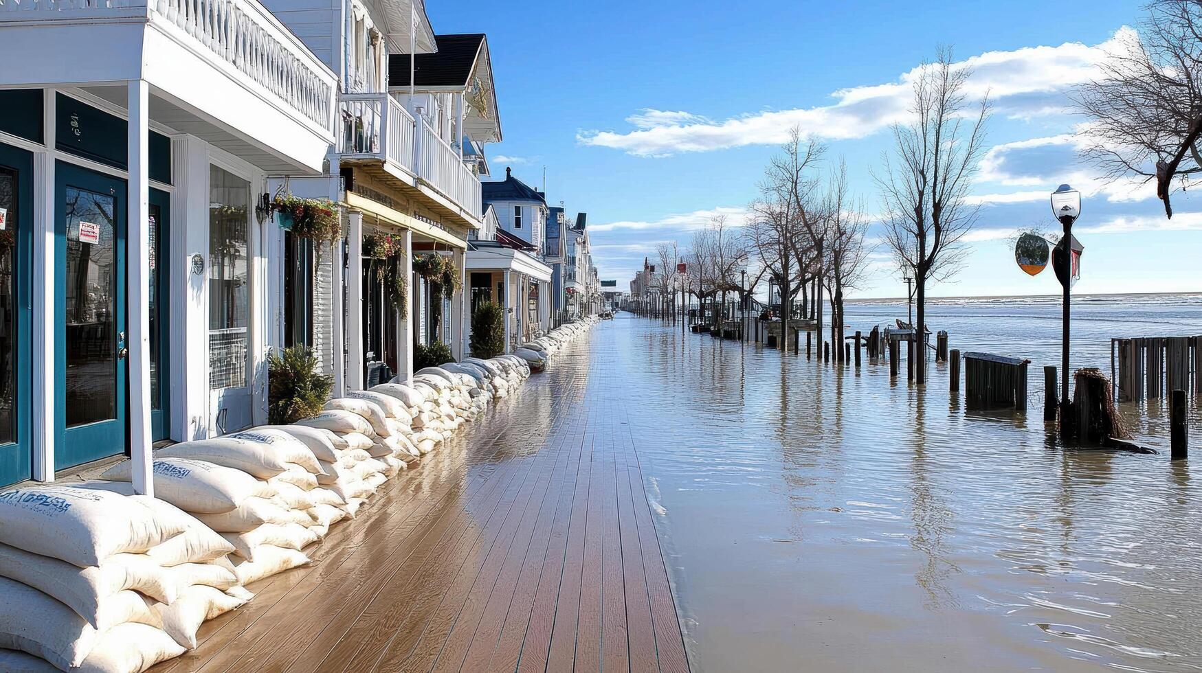coastal town flooded with water, showcasing sandbags along boardwalk photo