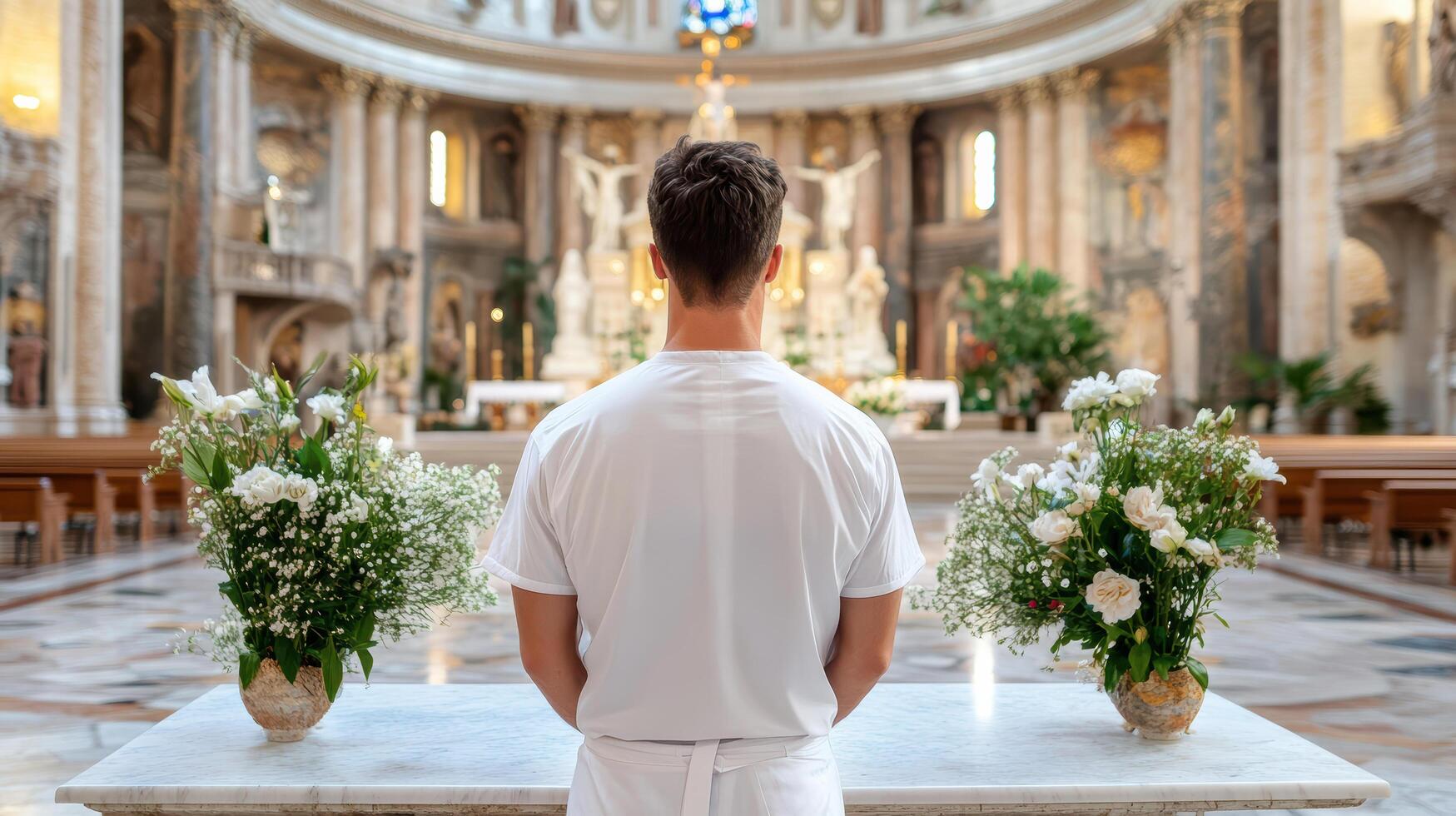 priest standing in front of large ornate altar with flowers photo
