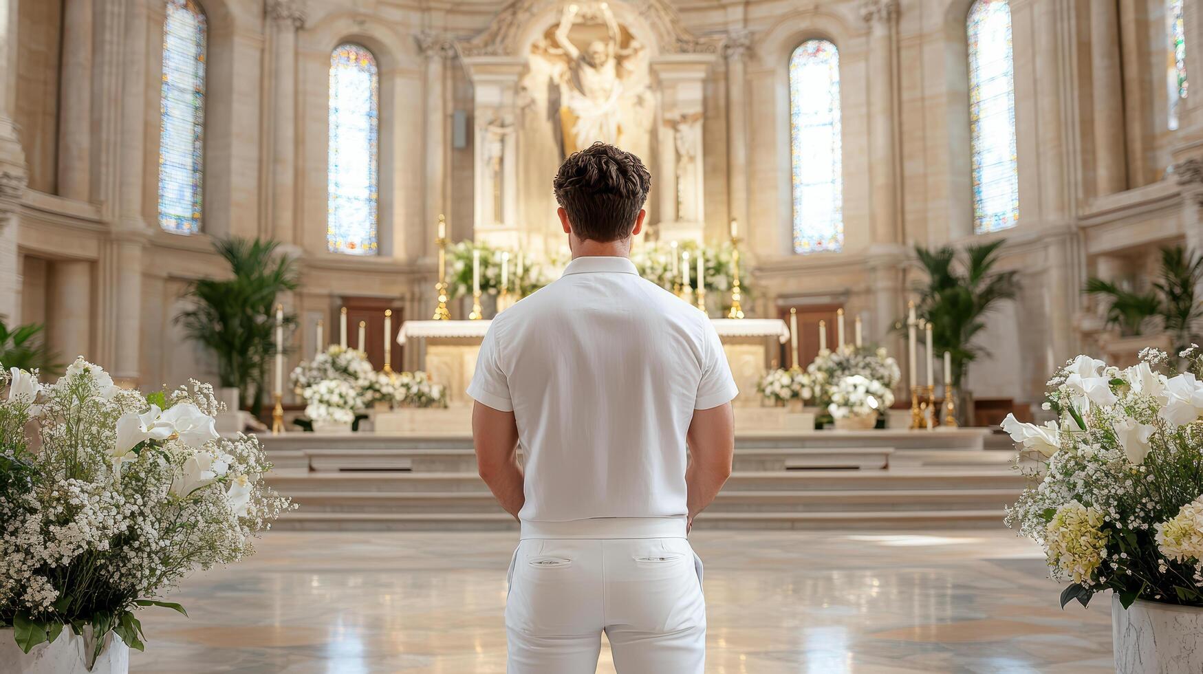 man in white stands before large ornate altar in serene church photo