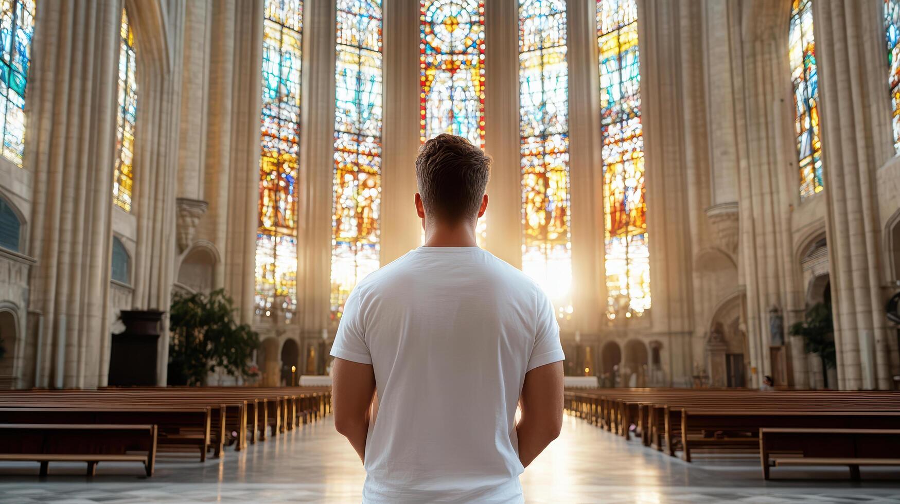 man stands in awe before large stained glass window, illuminated by sunlight photo